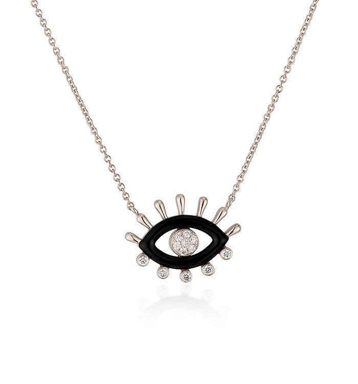 White Gold Eye Necklace Set with Diamonds and Black Enamel ELENA EYE NECKLACE