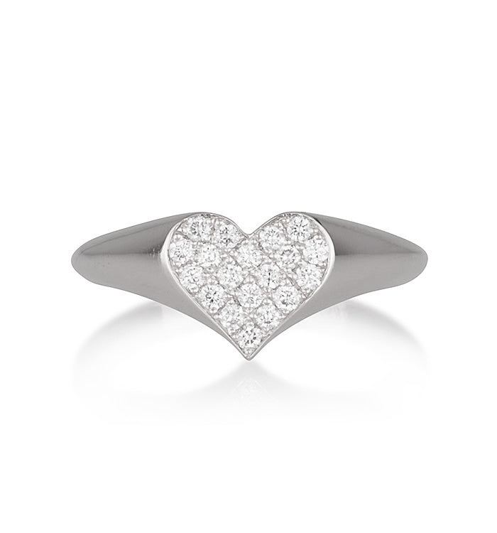 White Gold Pinky Heart Signet Ring Set with Diamonds PINKY HEART SIGNET RING