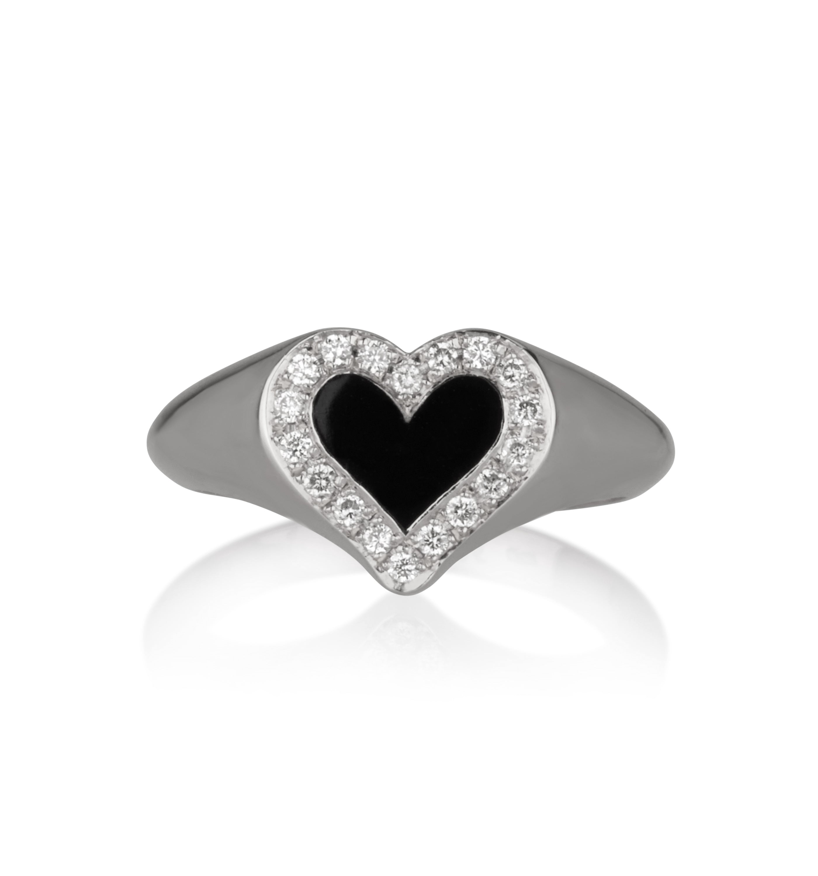 White Gold Pinky Heart Signet Ring Set with Diamonds and Black Enamel PINKY LEV SIGNET RING