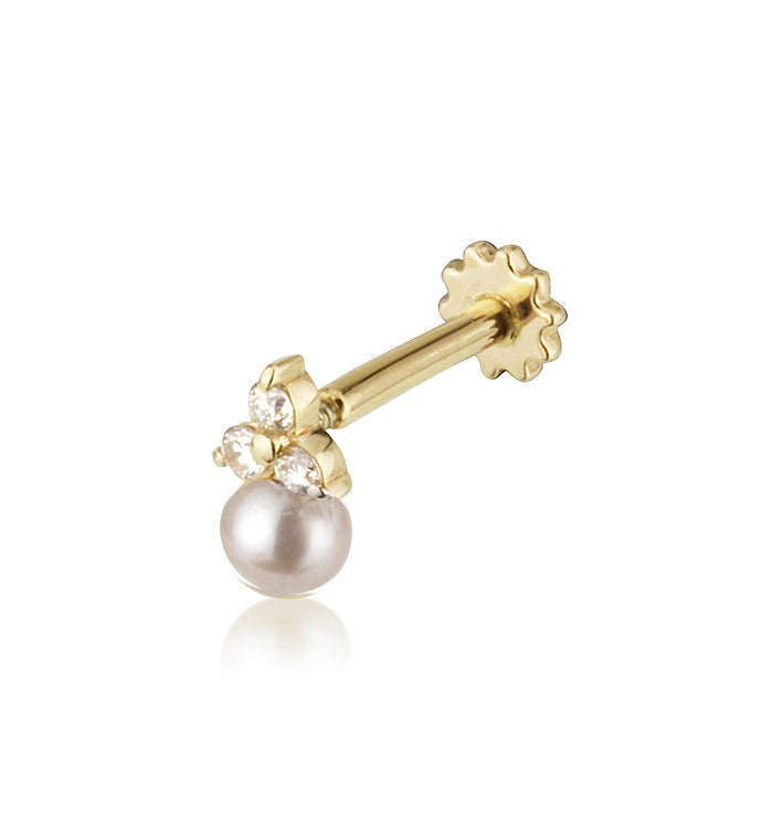 Yellow Gold Piercing Set with Pearl and Diamonds MINI TRIO & PEARL PIERCING LABRET