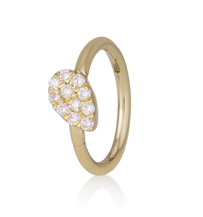 Yellow Gold Piercing Clicker Hoop Earring Set with Diamonds DROP SHAPE PIERCING CLICKER EARRING