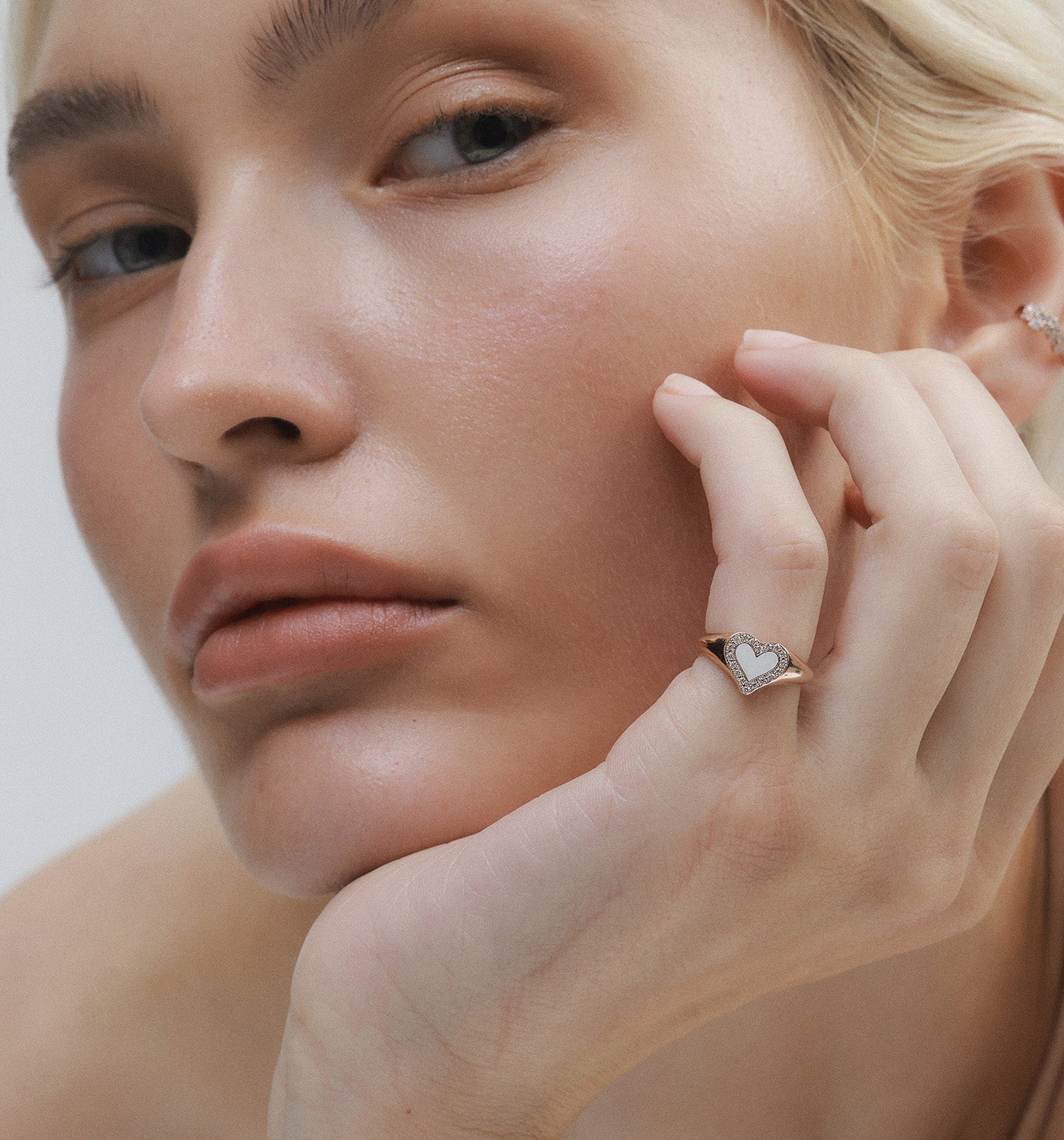 Rose Gold Pinky Heart Signet Ring Set with Diamonds and White Enamel PINKY LEV SIGNET RING