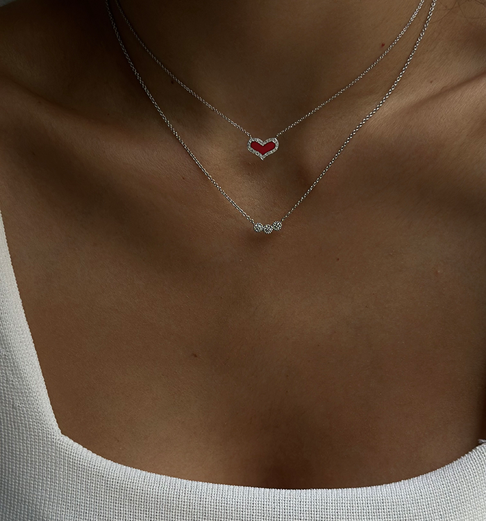 White Gold Heart Necklace Set with Diamonds and Red Enamel HEART DIAMONDS NECKLACE
