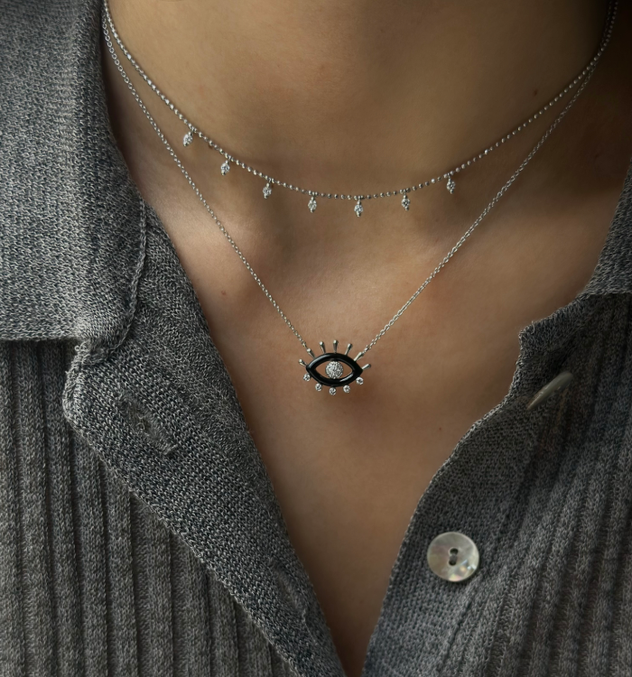 White Gold Eye Necklace Set with Diamonds and Black Enamel ELENA EYE NECKLACE