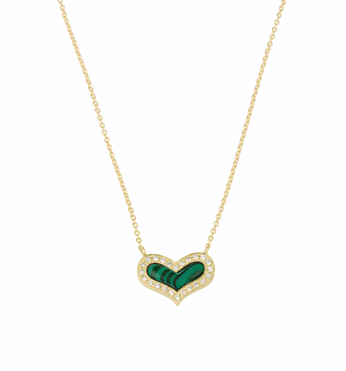 NATURAL MALACHITE STONE HEART DIAMONDS NECKLACE