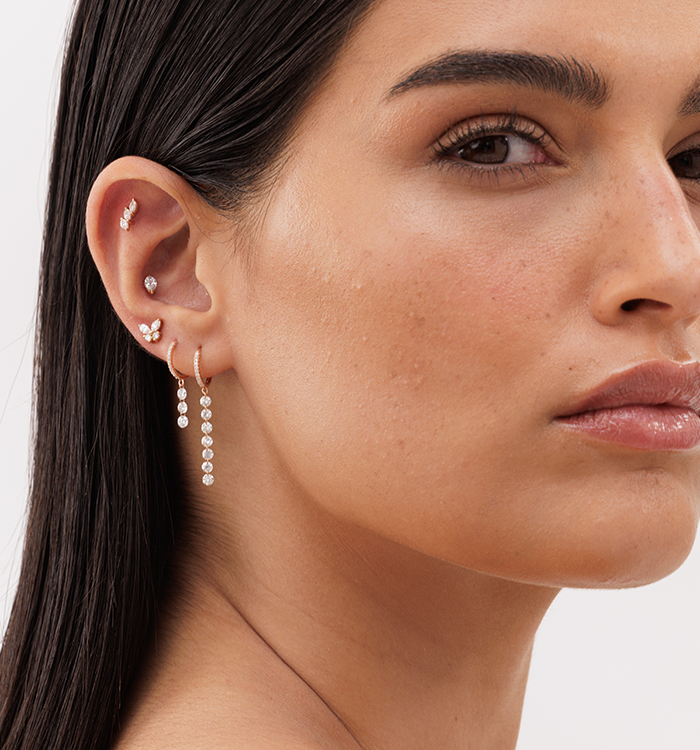 Yellow Gold Hoop Earring with Seven Drilled Diamonds MELANIA SEVEN DIAMONDS EARRING