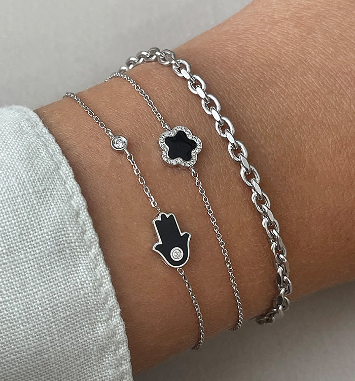 White Gold Hamsa Bracelet with Black Enamel and Diamond Setting HAMSA & DIAMOND BRACELET