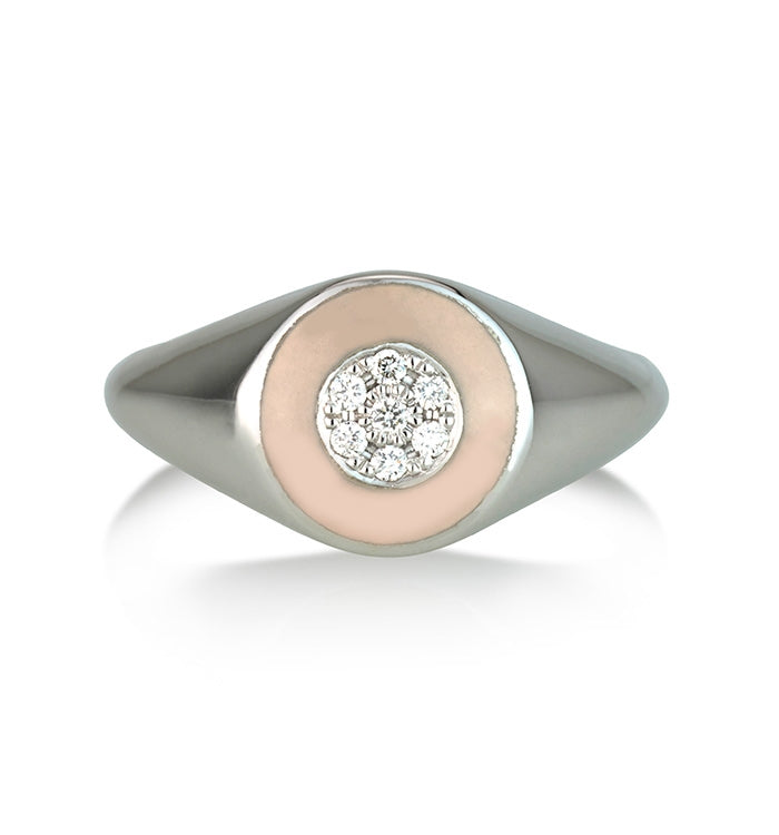 White Gold Pinky Eye Ring with Powder Enamel PINKY ROUND EYE SIGNET RING