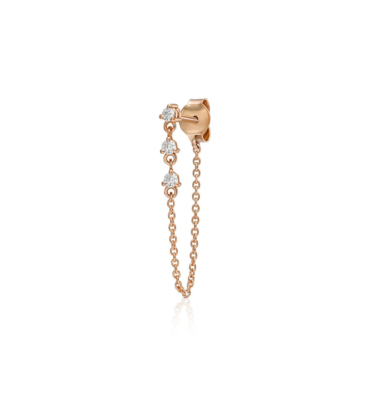 ARIEL Trio rose gold diamond drop earring with three diamonds front view