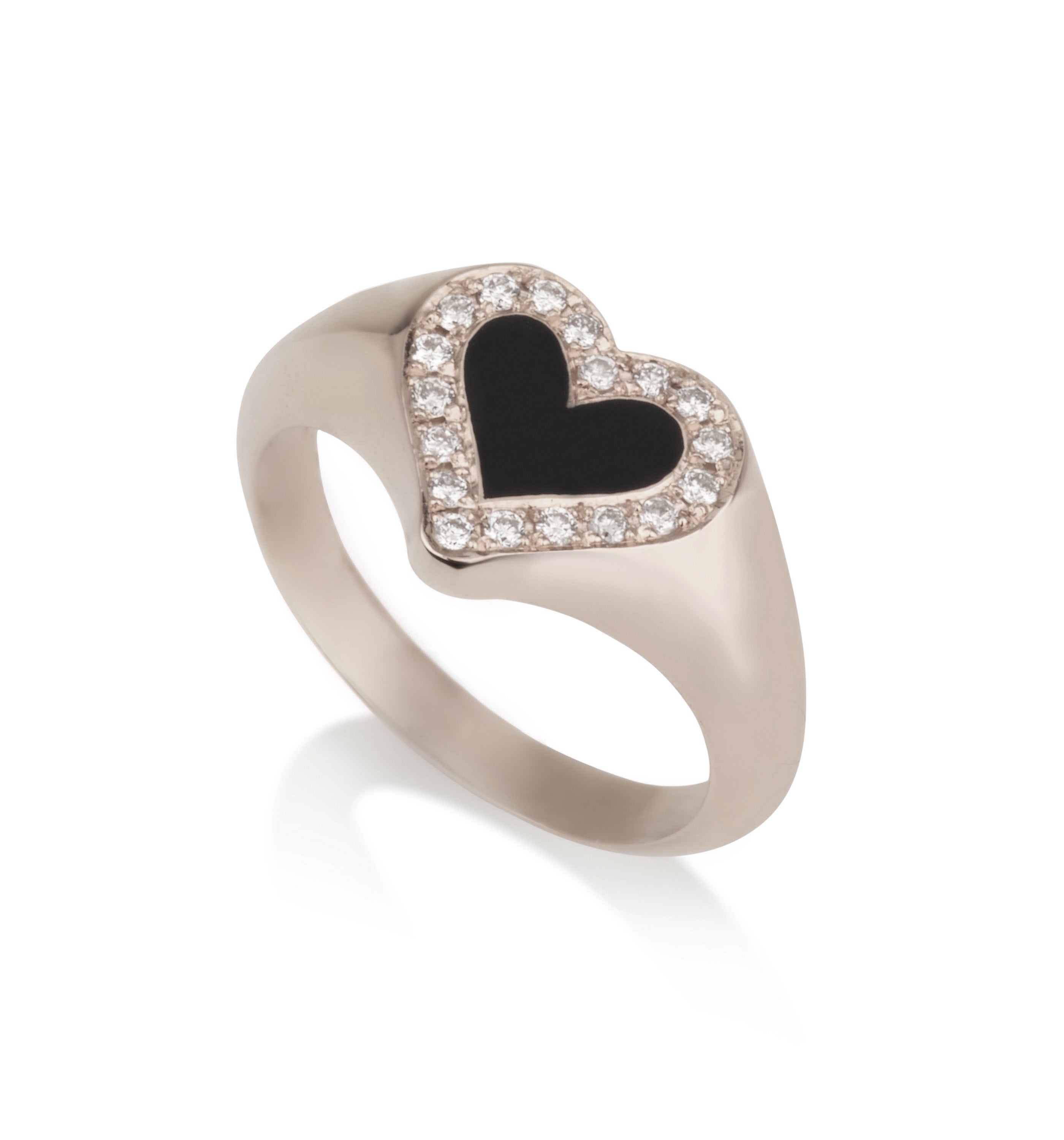 White Gold Pinky Heart Signet Ring Set with Diamonds and Black Enamel PINKY LEV SIGNET RING
