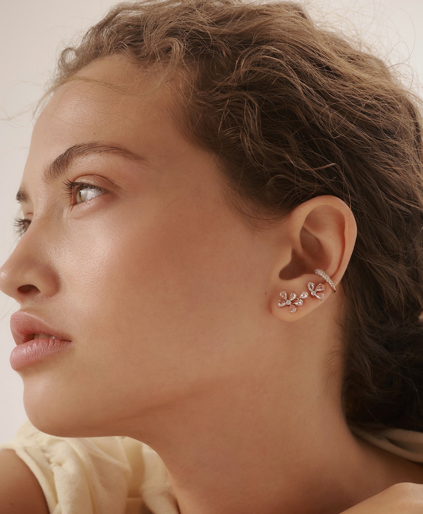 BIANCA rose cut diamond earring combined with mixed diamond earrings in ear styling composition