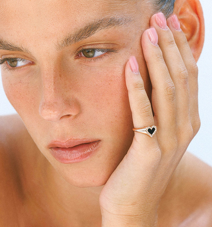 Rose Gold Pinky Heart Signet Ring Set with Diamonds and Black Enamel PINKY LEV SIGNET RING