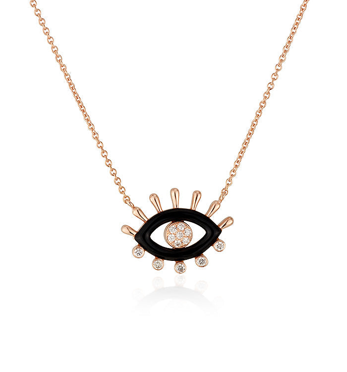 Rose Gold Eye Necklace Set with Diamonds and Black Enamel ELENA EYE NECKLACE