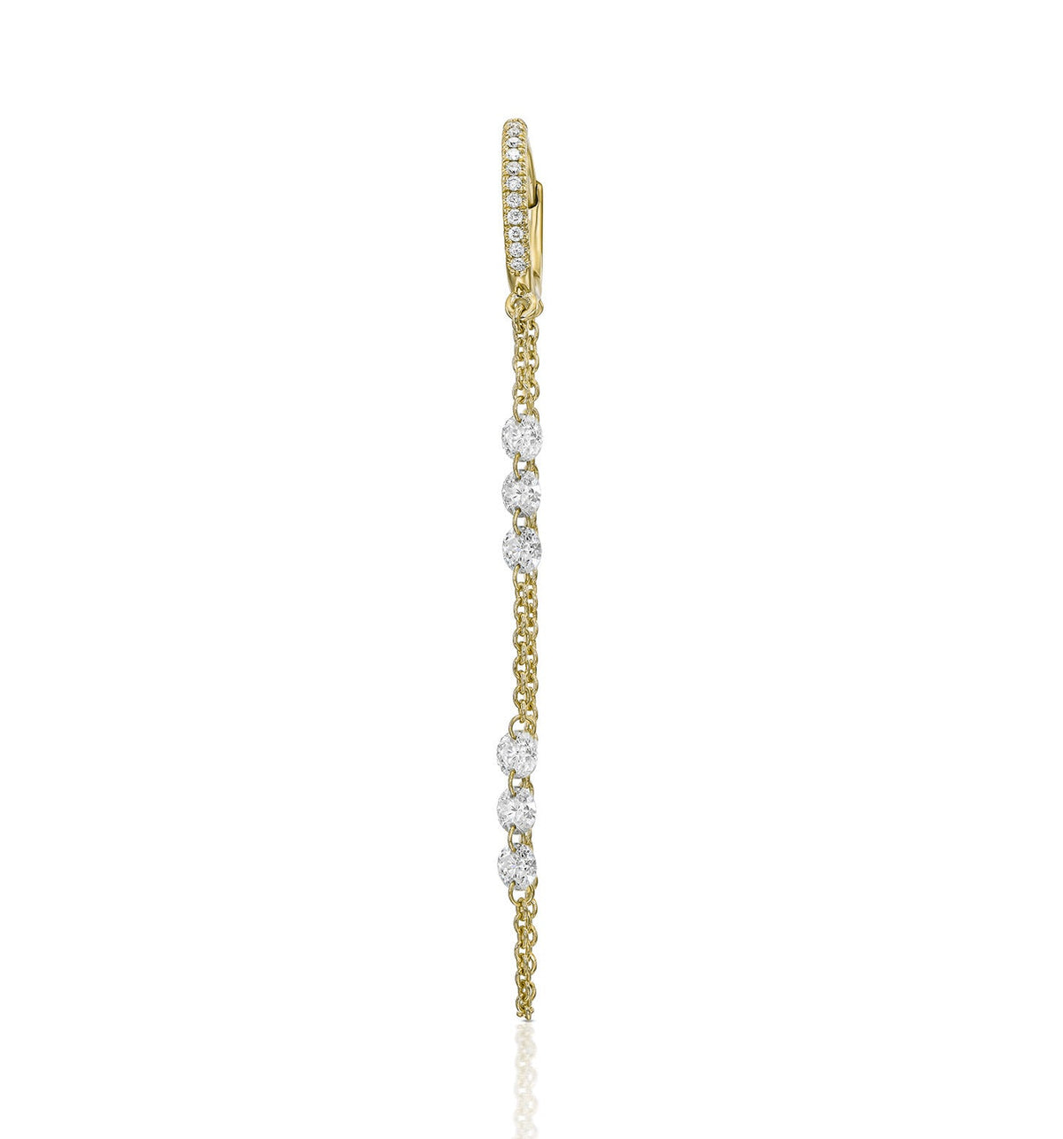 MELANIA Yellow gold flow diamond earring with drilled diamonds front view