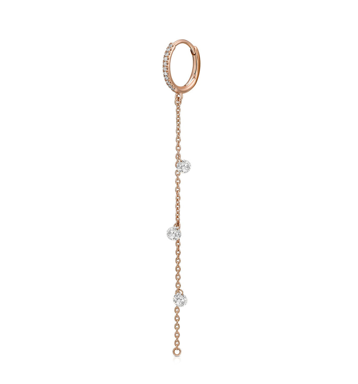 MIA rose gold floating diamond hoop earring with hanging diamond chain front view