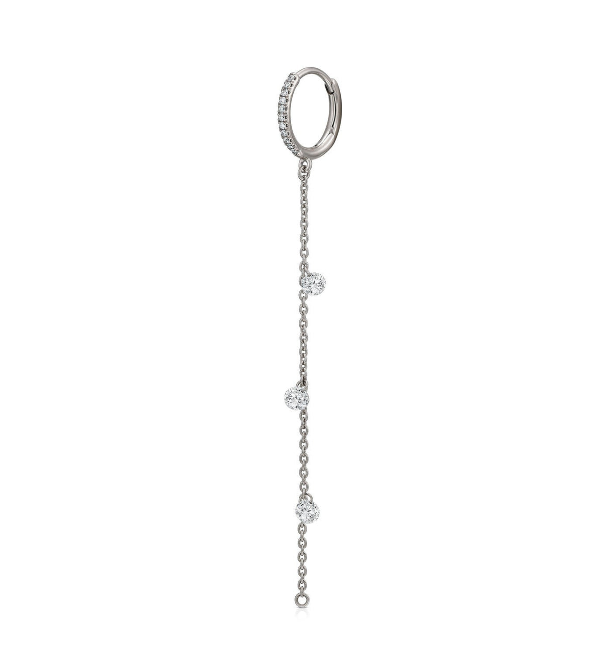 MIA white gold floating diamond hoop earring with hanging diamond chain front view
