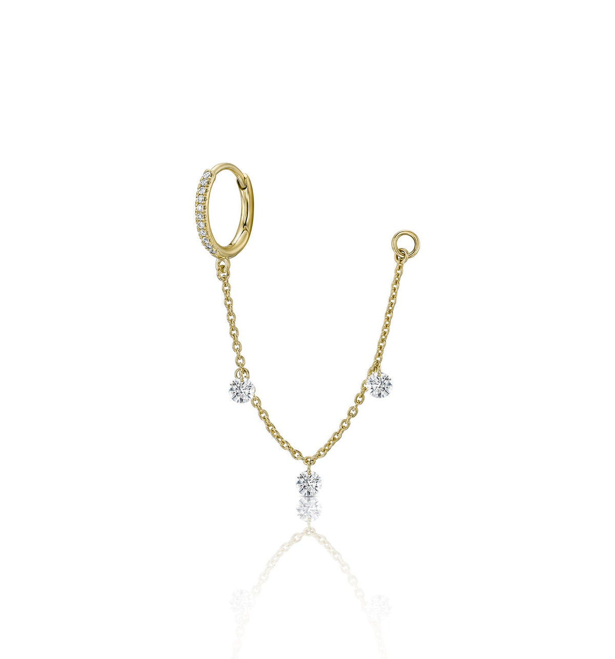 MIA yellow gold floating diamond hoop earring with hanging diamond chain front view