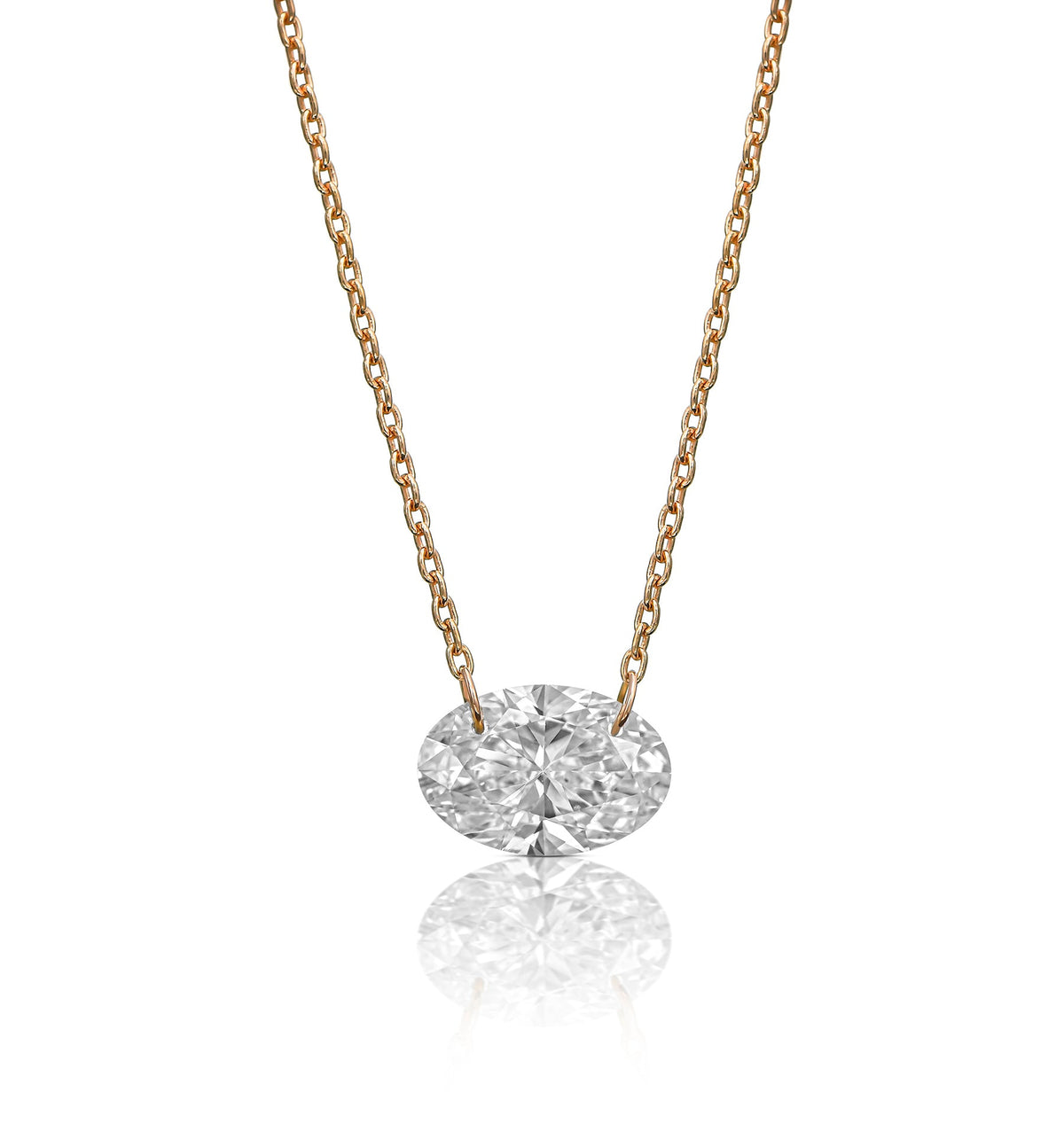 OVAL rose gold floating lab diamond necklace front view