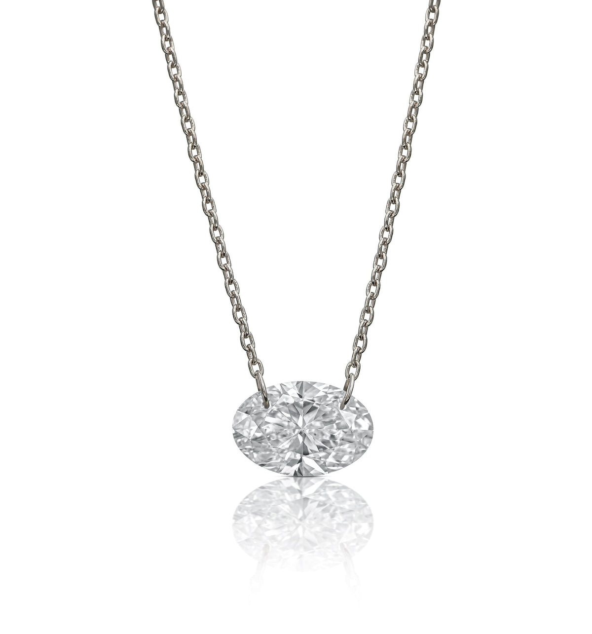 OVAL white gold floating lab diamond necklace front view