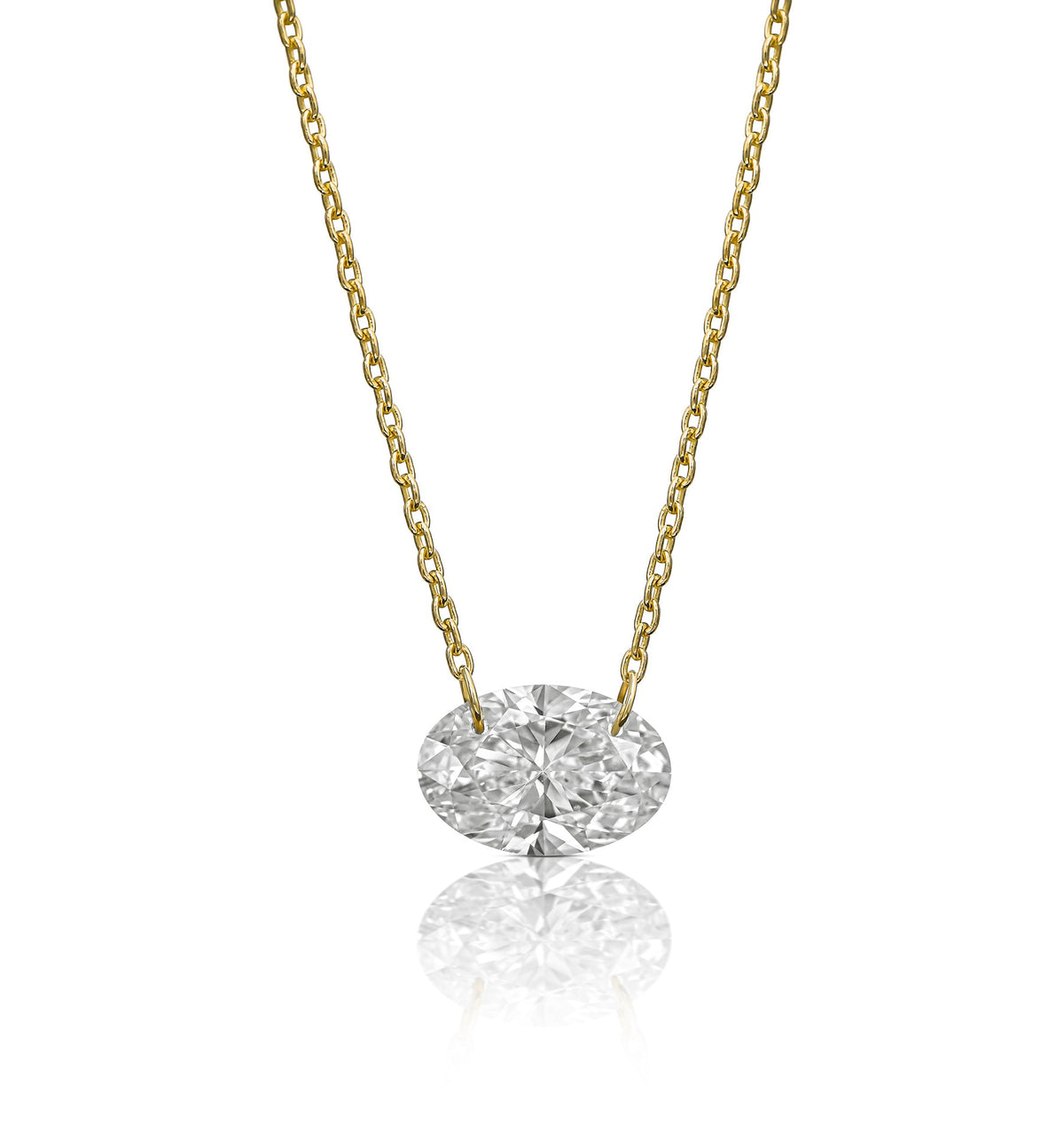 OVAL yellow gold floating lab diamond necklace front view