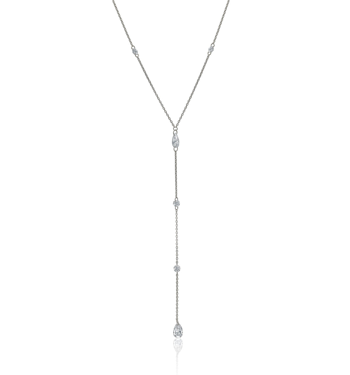PEAR and ROUND white gold floating lab diamond lariat necklace front view