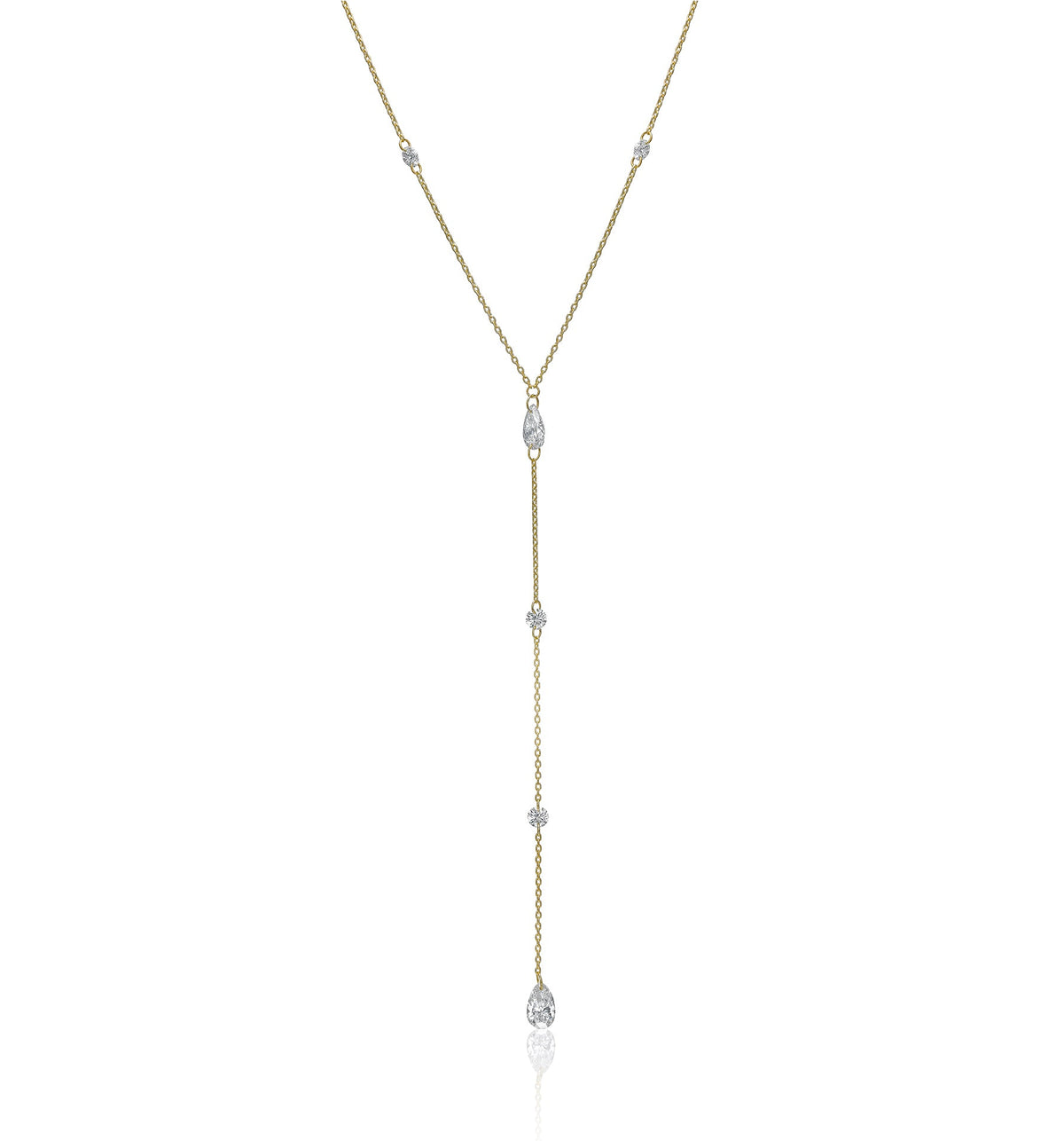 PEAR and ROUND yellow gold floating lab diamond lariat necklace front view