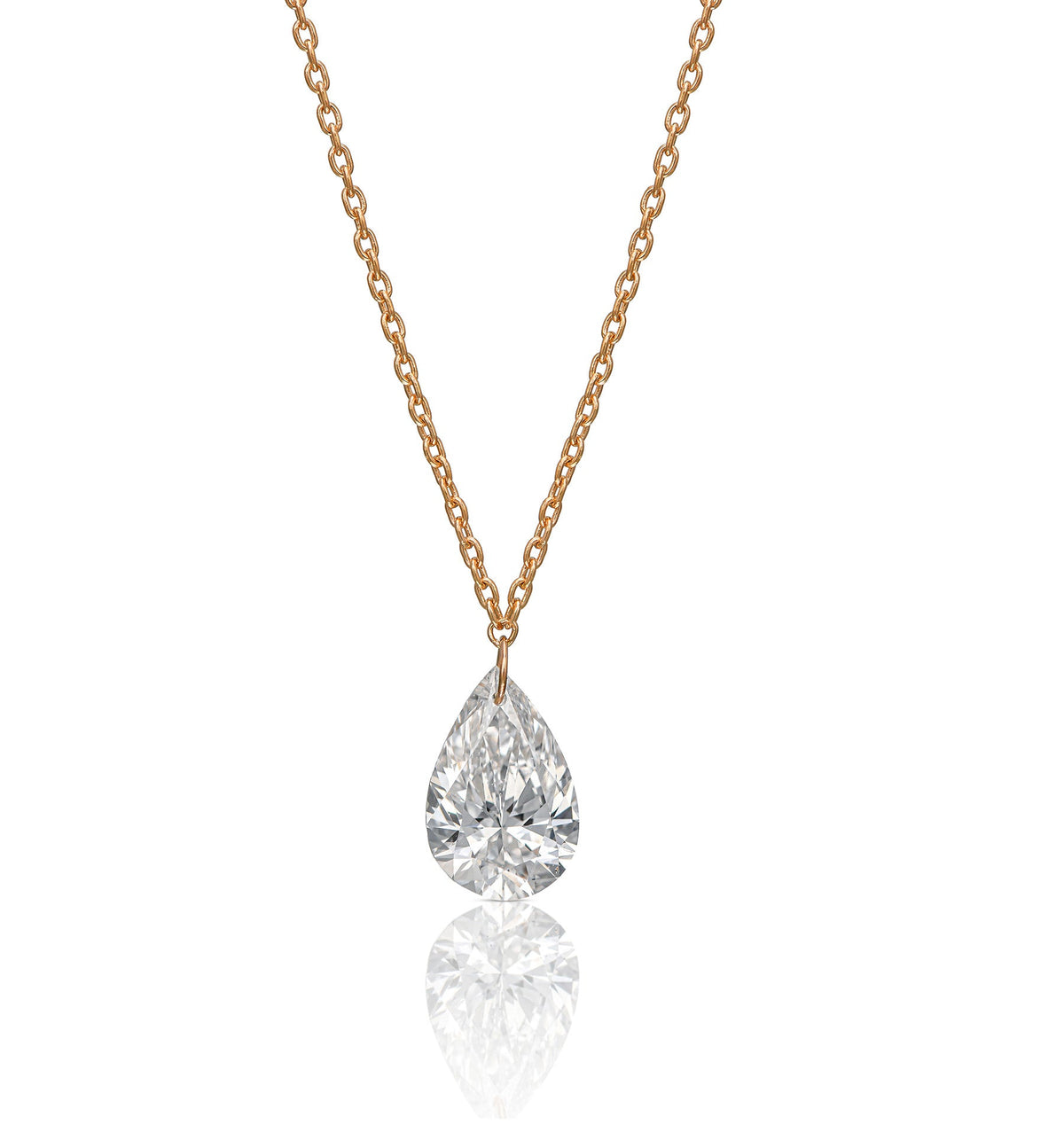 PEAR shape rose gold floating lab diamond necklace front view