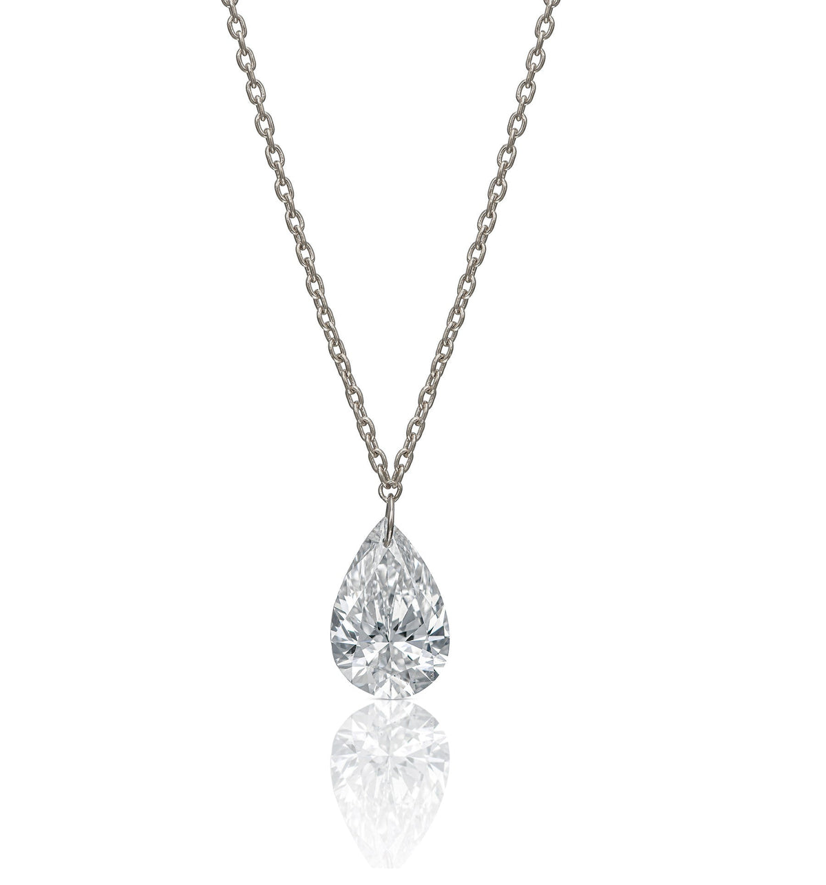 PEAR shape white gold floating lab diamond necklace front view