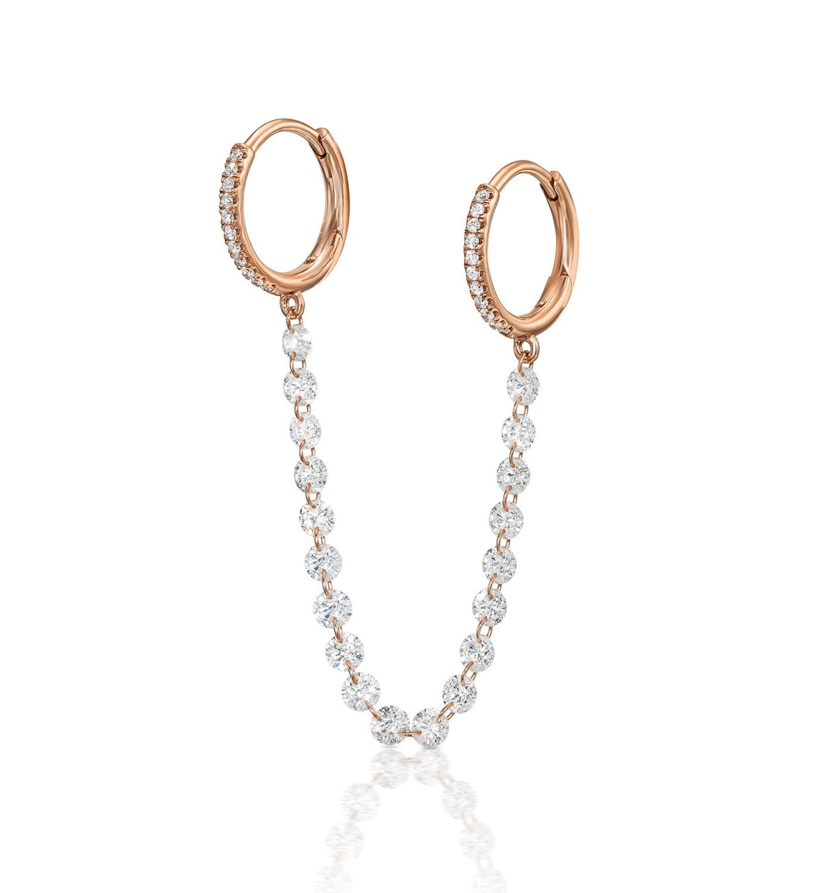 TWIN rose gold floating diamond double hoop earring angled view