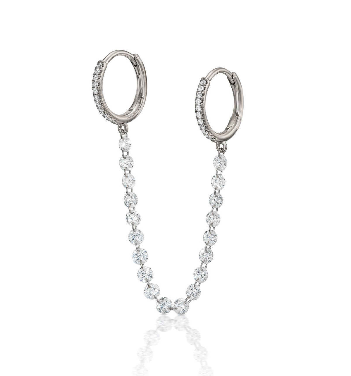 TWIN white gold floating diamond double hoop earring angled view