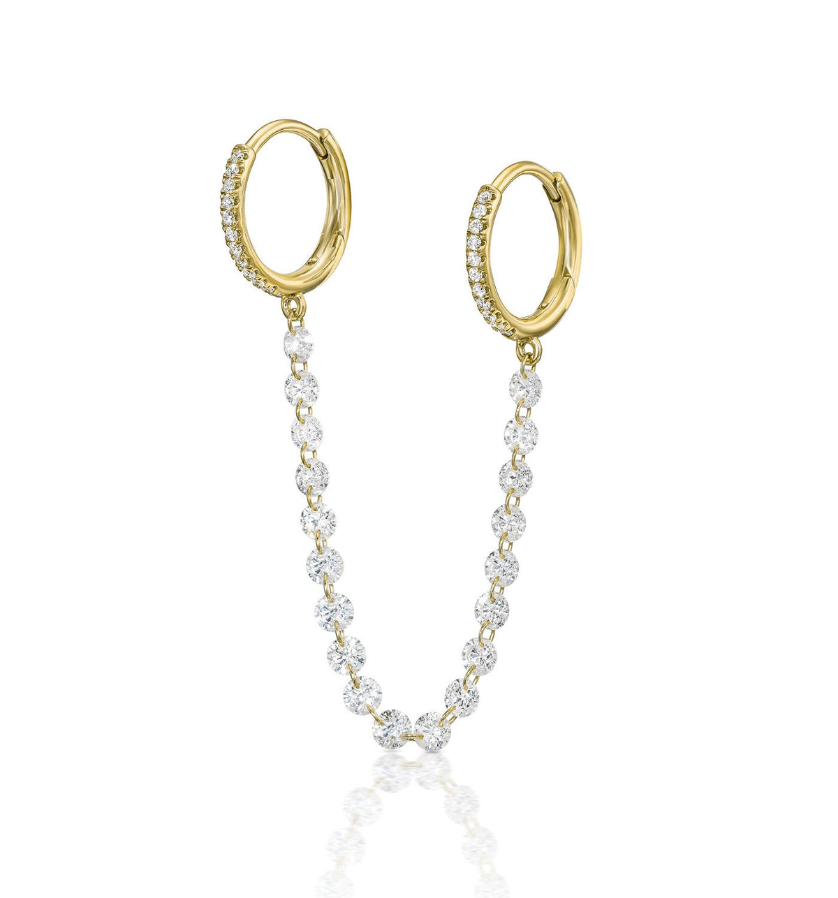 TWIN Yellow gold floating diamond double hoop earring angled view