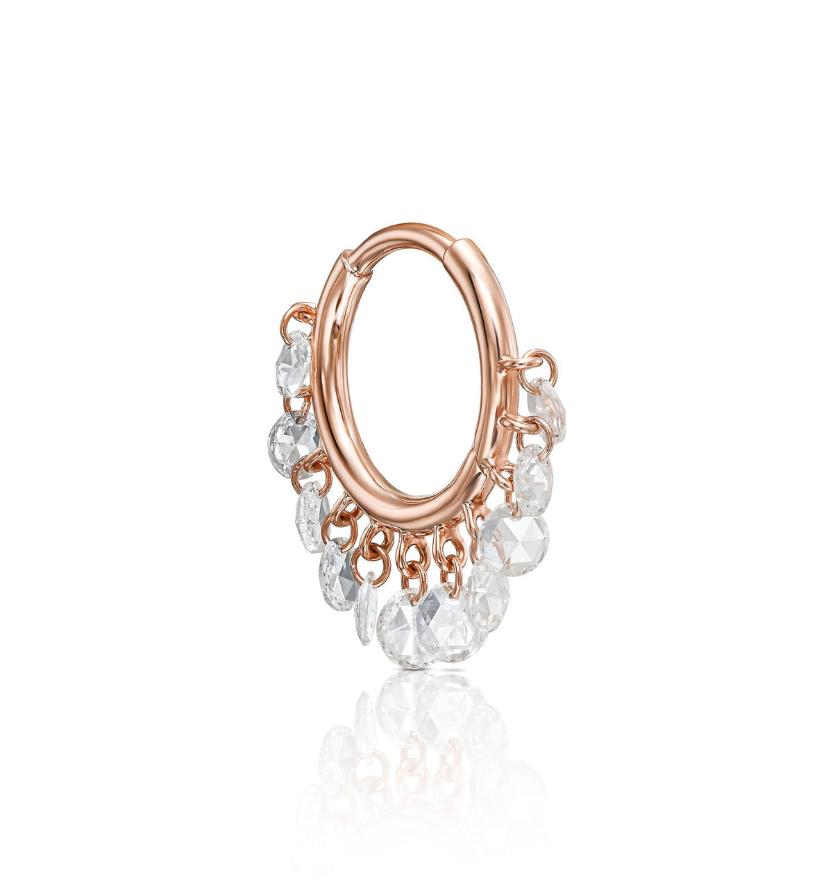ZAZA rose gold floating diamond hoop earring angled view
