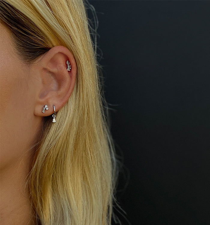 Yellow Gold Piercing Clicker Hoop Earring Set with Pear-Shaped Diamond DROP DIAMOND PIERCING CLICKER EARRING