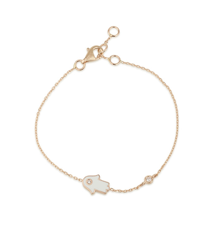 Rose Gold Hamsa Bracelet with White Enamel and Diamond Setting HAMSA & DIAMOND BRACELET