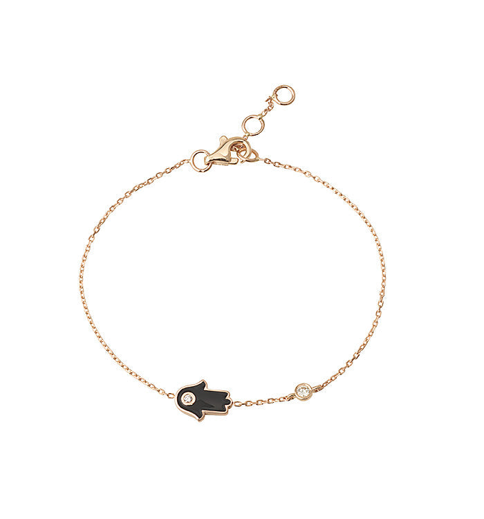 Rose Gold Hamsa Bracelet with Black Enamel and Diamond Setting HAMSA & DIAMOND BRACELET