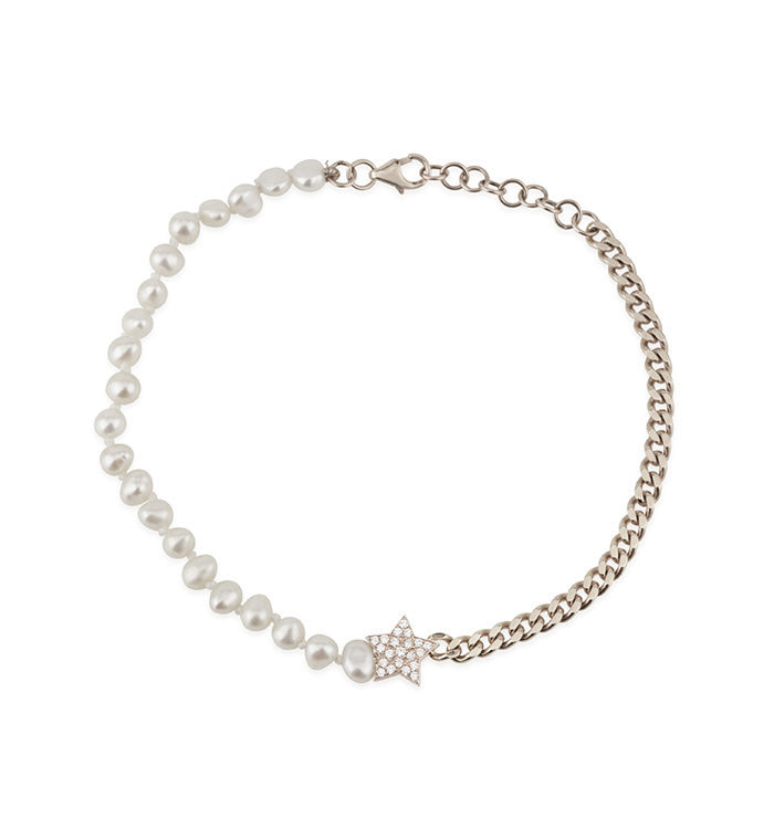 White Gold Gourmet Chain and Pearl Bracelet Set with Diamonds STAR & PEARL