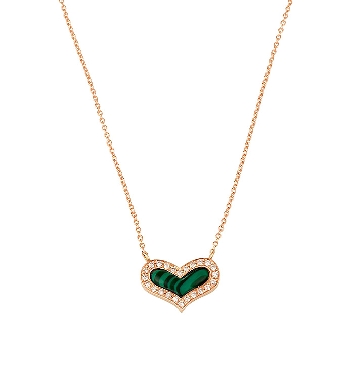 White Gold Heart Necklace Set with Diamonds and Natural Malachite Stone HEART DIAMONDS NECKLACE