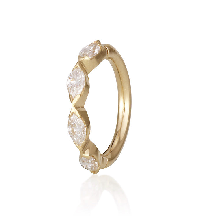 Yellow Gold Piercing Clicker Hoop Earring Set with Four Marquise Diamonds FOUR MARQUISE DIAMONDS PIERCING CLICKER EARRING