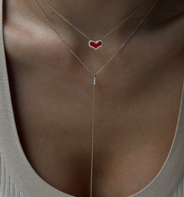 Rose Gold Heart Necklace Set with Diamonds and Red Enamel HEART DIAMONDS NECKLACE