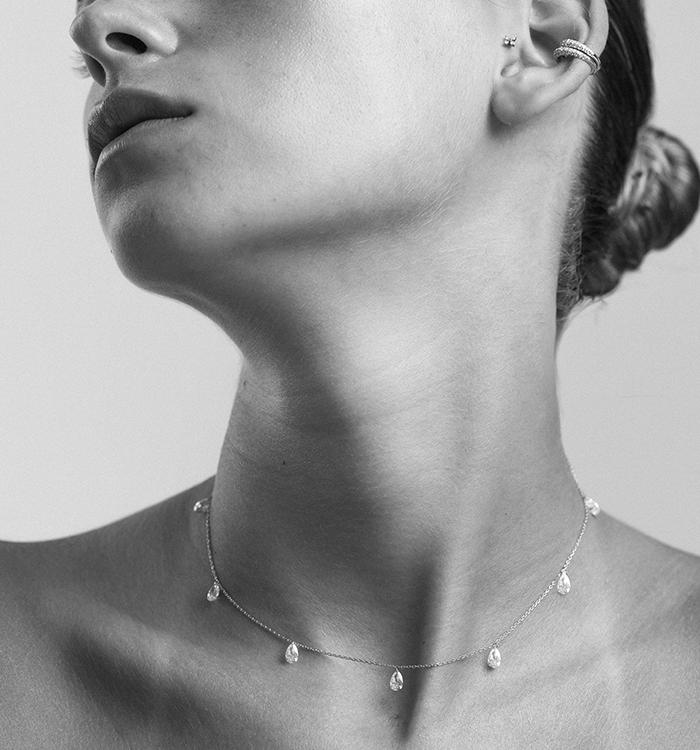 White Gold Necklace Set with Seven Drilled Teardrop Lab-Grown Diamonds SEVEN DRILLED DROP SHAPE LAB DIAMONDS NECKLACE