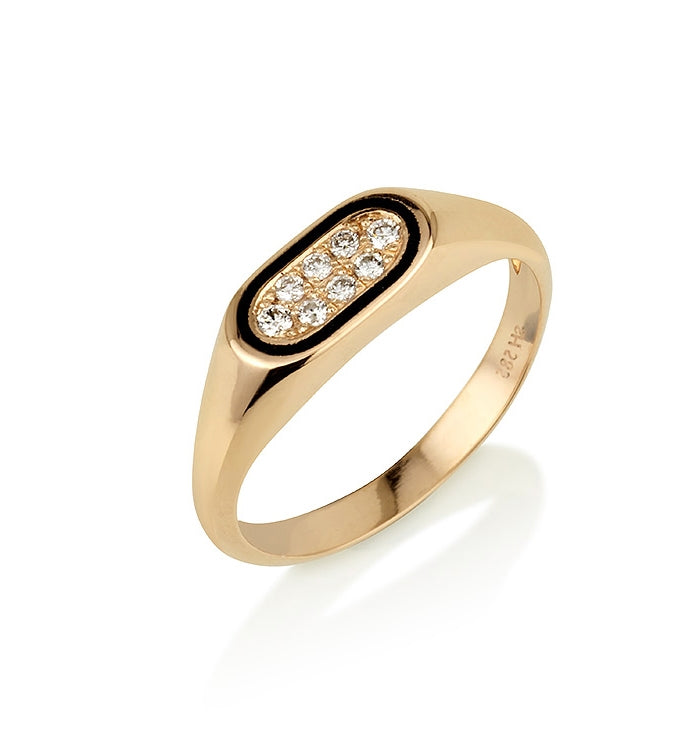 Yellow Gold Pinky Signet Ring Set with Diamonds PINKY OVAL RING