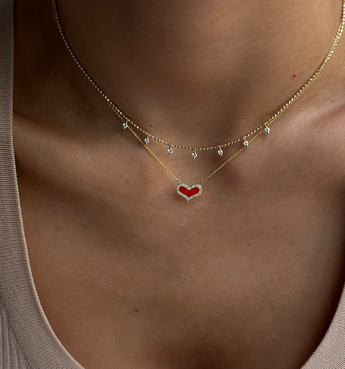 Yellow Gold Heart Necklace Set with Diamonds and Red Enamel HEART DIAMONDS NECKLACE