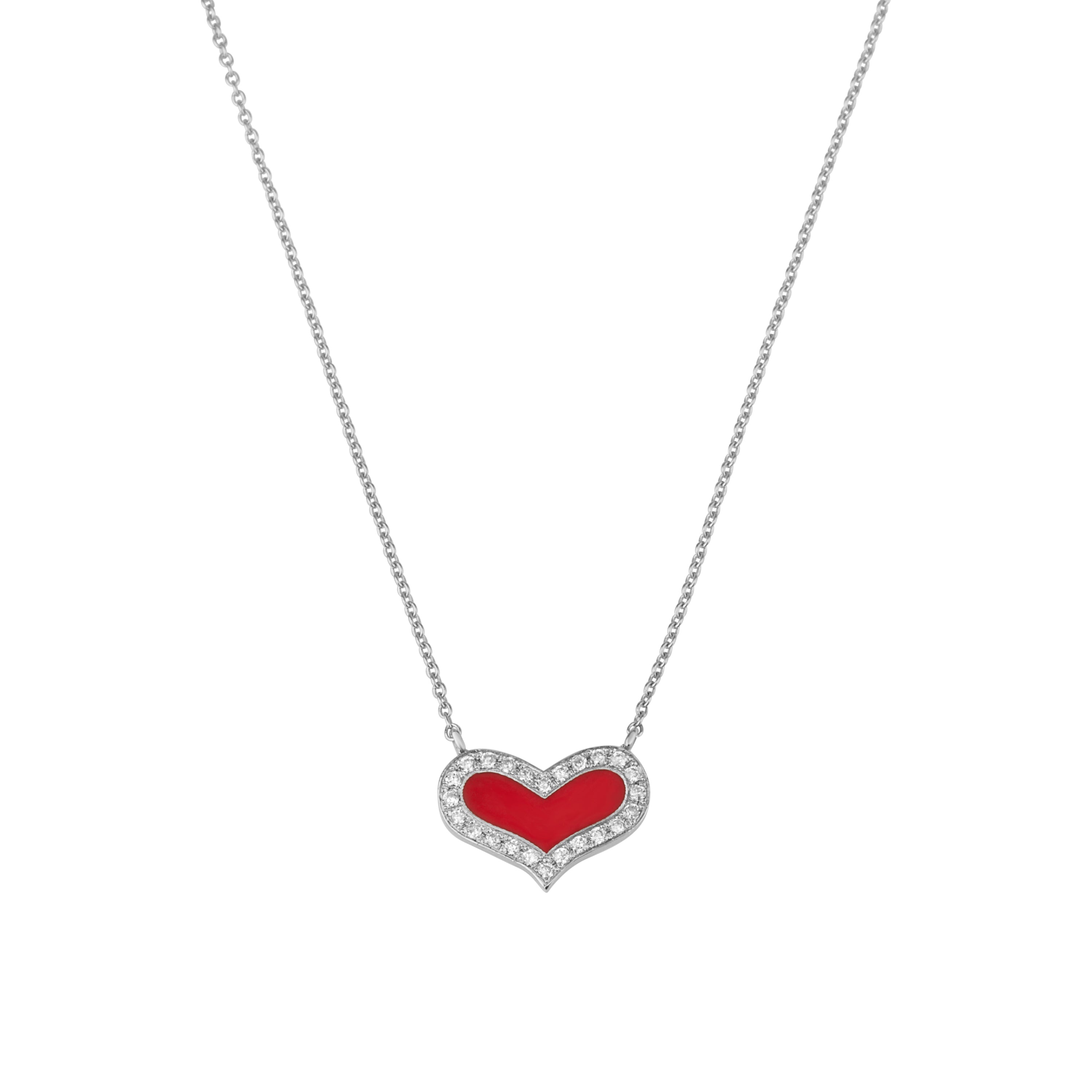 White Gold Heart Necklace Set with Diamonds and Red Enamel HEART DIAMONDS NECKLACE