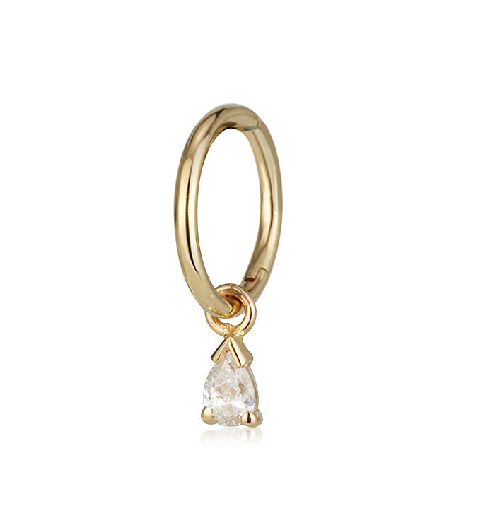Yellow Gold Piercing Clicker Hoop Earring Set with Pear-Shaped Diamond DROP DIAMOND PIERCING CLICKER EARRING