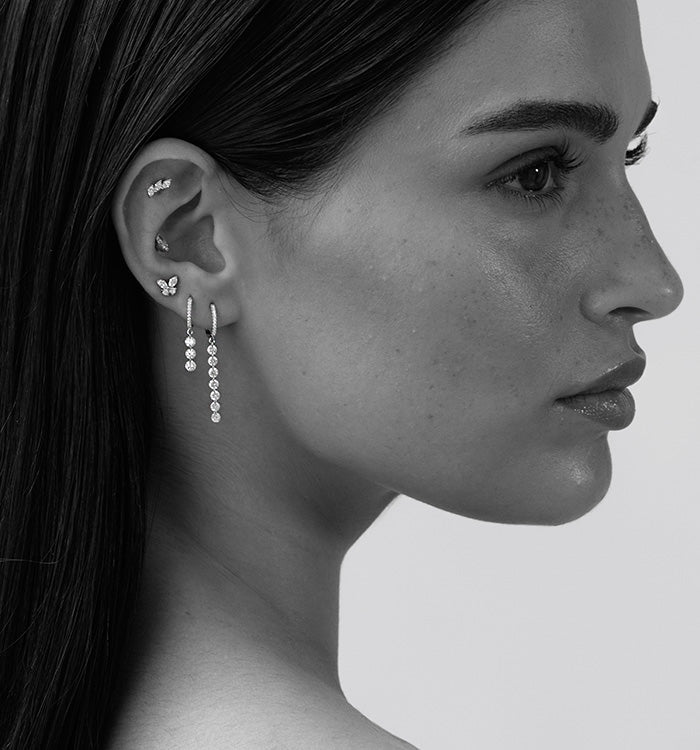 MELANIA DRILLED THREE DIAMONDS HOOP DROP EARRING