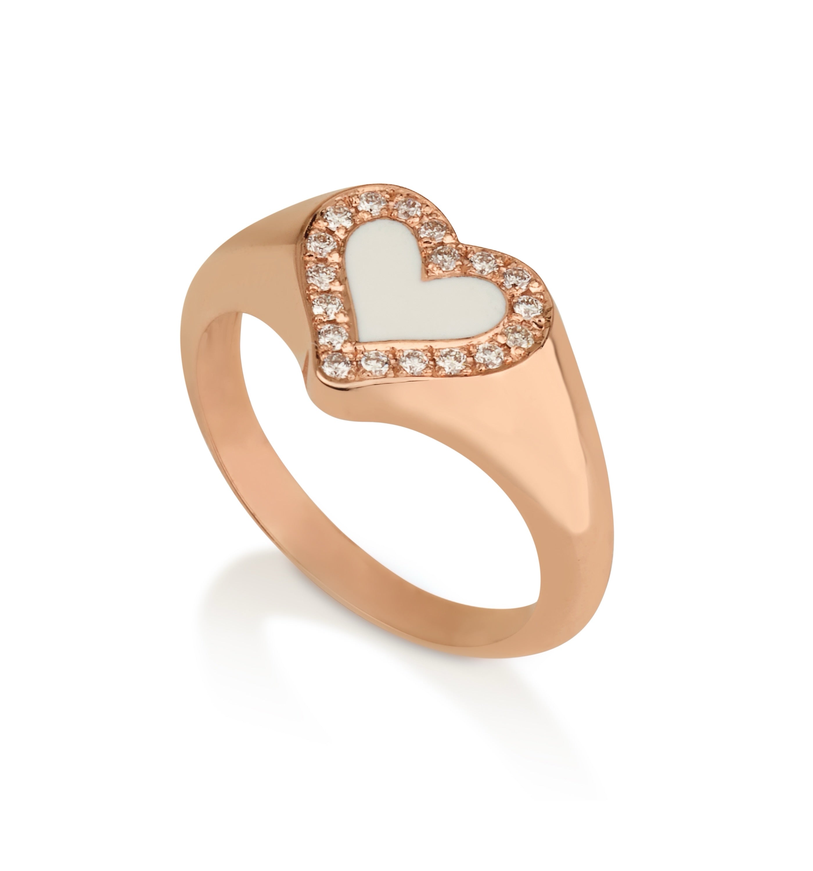 Rose Gold Pinky Heart Signet Ring Set with Diamonds and White Enamel PINKY LEV SIGNET RING