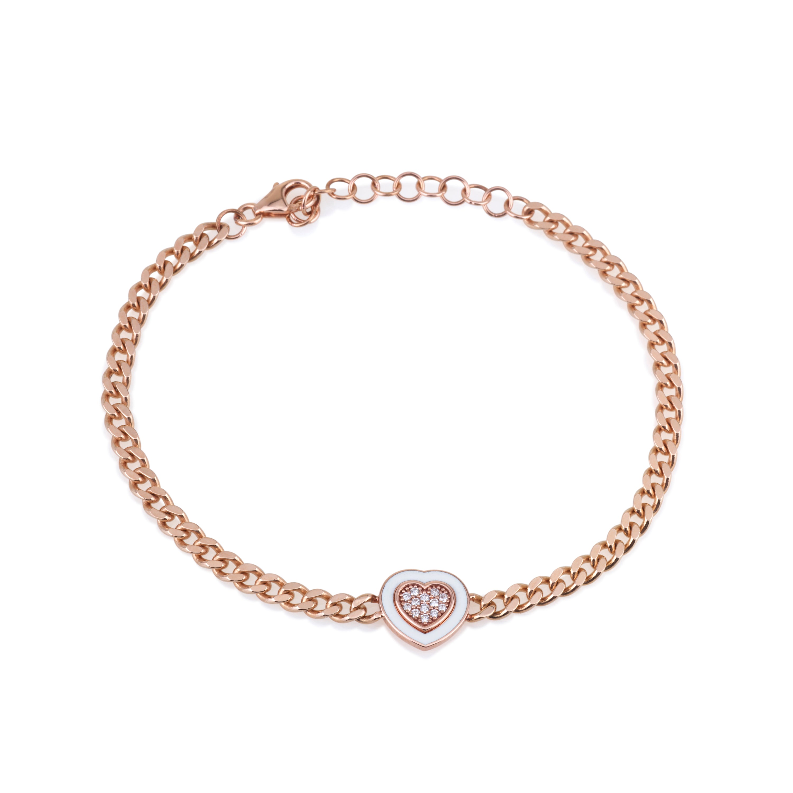 Rose Gold Heart Gourmet Chain Bracelet Set with Diamonds and White Enamel LEV GOURMETTE DIAMONDS BRACELET