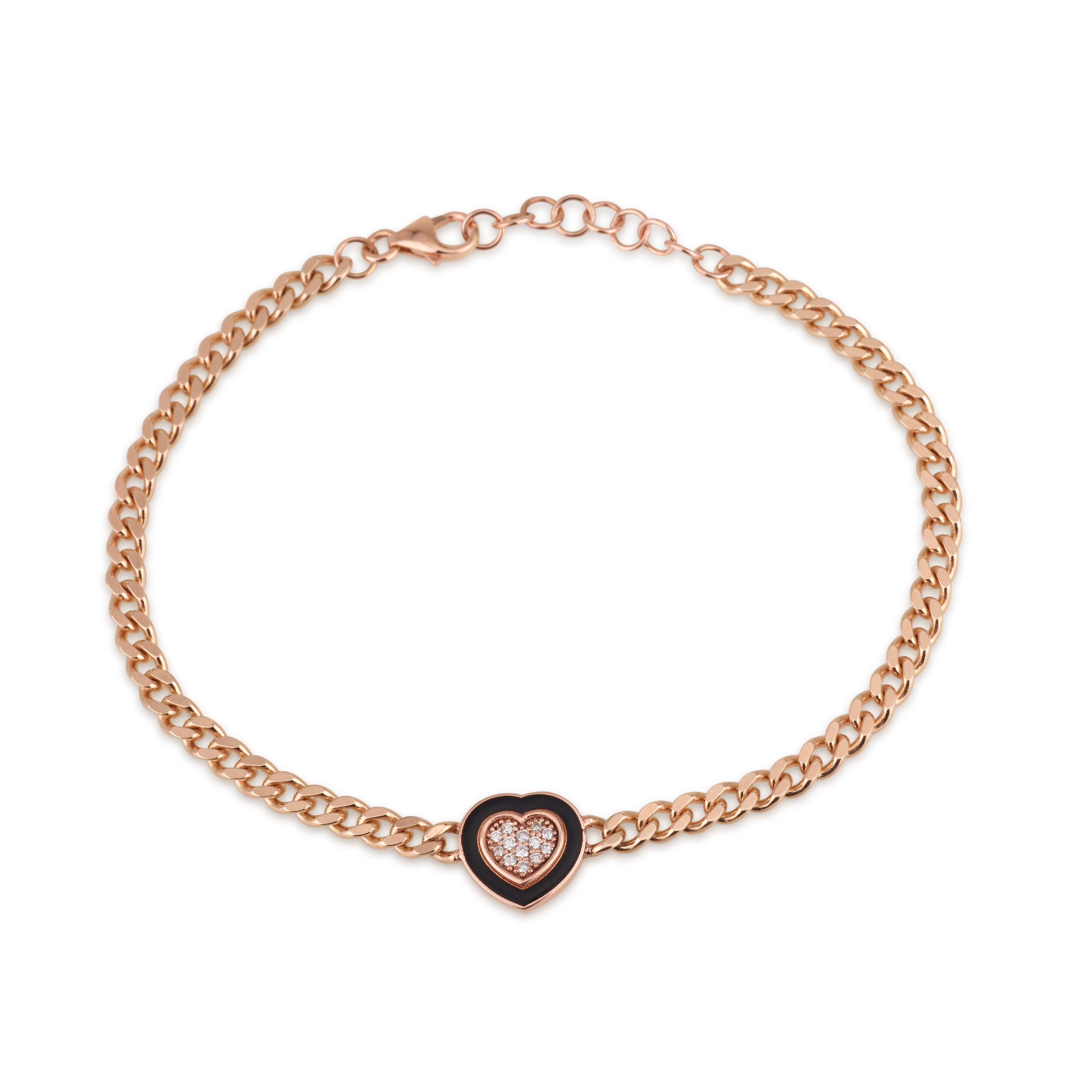Rose Gold Heart Gourmet Chain Bracelet Set with Diamonds and Black Enamel LEV GOURMETTE DIAMONDS BRACELET