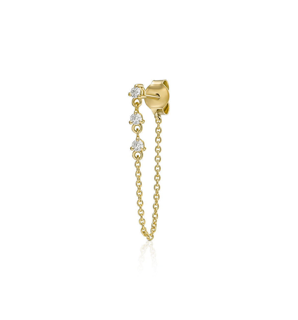 ARIEL Trio yellow gold diamond drop earring with three diamonds front view