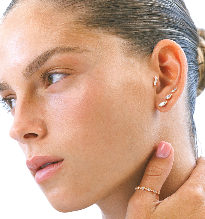 Yellow Gold Luxury Piercing Set with Diamonds for Helix and Conch TULIP DIAMONDS PIERCING LABRET